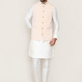 Ivory Art Silk Kurta Set With Beige Jacket