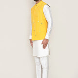 White Art Silk Kurta Set With Yellow Jacket