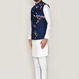 White Art Silk Kurta Set With Blue Cotton Jacket