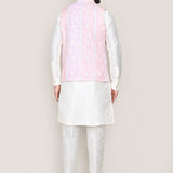 Paper White Art Silk Kurta Set With Pink Jacket