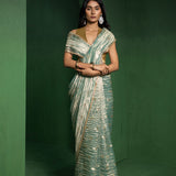 Greenish Gray Silk Tissue Saree With Fancy Border