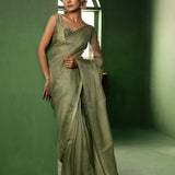 Sage Green Silk Organza Saree With Embroidery Design