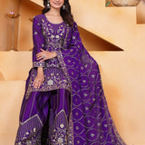 Royal Purple Silk Embroidered Sharara Set