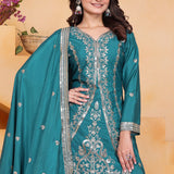 Teal Blue Embroidered Crepe Sharara Set