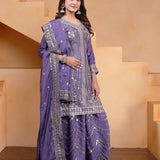 Mauve Purple Silk Embroidered Sharara Set