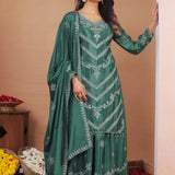 Dark Green Floral Embroidered Silk Sharara Set