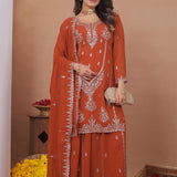 Dark Orange Floral Embroidered Georgette Sharara Set