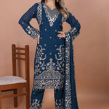 Dark Teal Blue Floral Embroidered Georgette Kurta Set