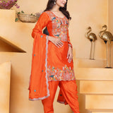 Orange Floral Embroidered Silk Kurta Set