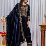 Navy Blue Velvet Embroidered Kurti Set