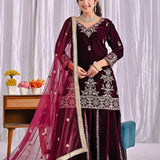 Wine Velvet Embroidered Sharara Set