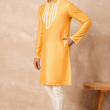 Texas Rose Yellowish Orange Cotton Blend Embroidered Kurta Set