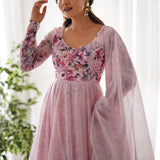 Baby Pink Organza Floral Printed Anarkali Set