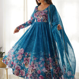 Aqua Blue Organza Floral Printed Anarkali Set