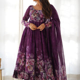 Pale Wine Organza Floral Printed Anarkali Set