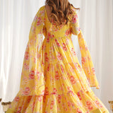 Bright Yellow Georgette Floral Printed Anarkali Set
