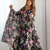 Matte Black Organza Floral Printed Anarkali Set