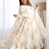 Pearl White Organza Floral Printed Anarkali Set