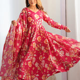 Brink Pink Organza Floral Printed Anarkali Set