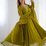 Mehandi Georgette Embroidered Anarkali Set
