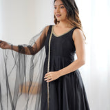 Coal Black Chanderi Solid Anarkali Set
