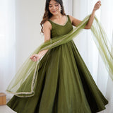 Mehndi Green Chanderi Solid Anarkali Set