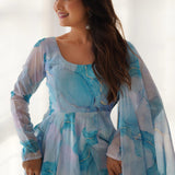 Sky Blue Organza Floral Printed Anarkali Set