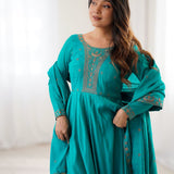 Turquoise Chanderi Embroidered Anarkali Set