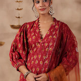 Maroon Cotton Printed Kurti Set