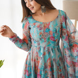 Azure Blue Organza Floral Printed Anarkali Set