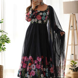 Crayon Black Organza Floral Printed Anarkali Set