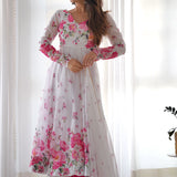 Cloud White Organza Floral Printed Anarkali Set
