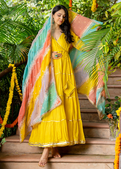 <img> Lemon Yellow Uppada Silk Solid Anarkali Set