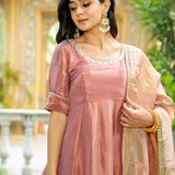 Pastel Peach Tissue Solid Anarkali Set