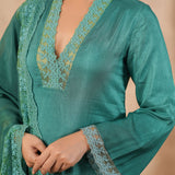 Teal Green Russian Silk Solid Kurti Set