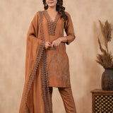 Chocolate Brown Russian Silk Embroidered Kurti Set