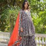 Black Cotton Floral Printed Gharara Set