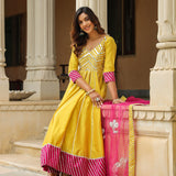 Old Golden Yellow Cotton Silk Gotta Work Anarkali Set