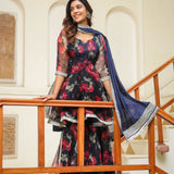 Dark Night Blue Organza Floral Sharara Set