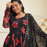 Night Black Chiffon Floral Printed Anarkali Set
