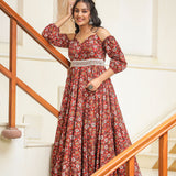 Maroon Cotton Floral Printed Gown Set