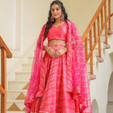 Bright Pink Brocade Silk Bandhani Printed Lehenga Set
