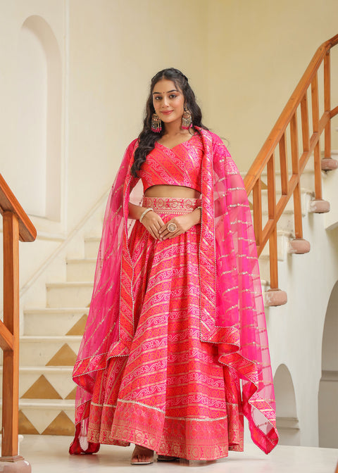 <img> Bright Pink Brocade Silk Bandhani Printed Lehenga Set
