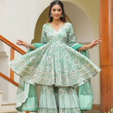 Mint Green Cotton Mughal Printed Sharara Set