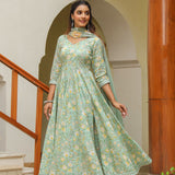 Mint Green Cotton Floral Printed Anarkali Set