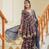 Tuna Blue Cotton Floral Printed Sharara Set