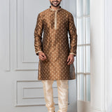 Brown Printed Dupion Silk Kurta Set