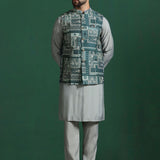 Mint Green Cotton Blend Kurta Set With Printed Nehru Jacket