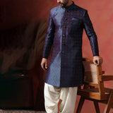 Dark Blue And White Jacquard Texture Sherwani Set