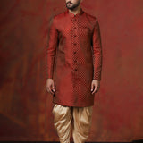 Maroon Cotton Blend Printed Sherwani Set